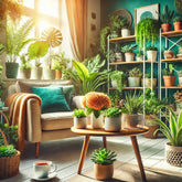 A vibrant and cozy blog photo representing the benefits of house plants. The image shows a well-lit living space filled with various house plants like
